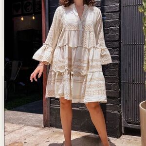Meo Meli Aztec Cotton Tiered Cream Dress Size M